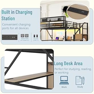 Queen Loft Bed with Desk and RGB Light, Metal Loft Bed Frame with Stairs and Bedside Shelf, Heavy-Duty Lofts Beds with Storage Shelves and Wardrobe for Kids Teens, Black