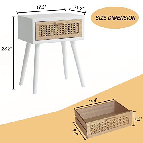 Awasen White Nightstand With Drawer, Rattan Side Table For Bedroom, Modern End Table With Storage And Solid Wood Legs For Living Room, Easy Assembly(White) #TOP2