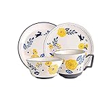 ABNNHK Platos Llanos Elegantes, Juego de vajilla Fina, Juego de vajilla de 4 Piezas, Juego de vajilla de Porcelana de Estilo nórdico con Estampado de Flores, Que Incluye tazón de 5 pulgad