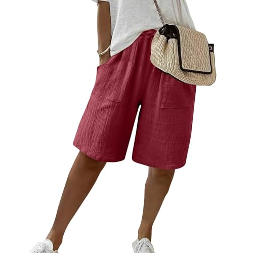 Bermuda Linen Shorts for Women High Waisted Casual Beach Long Shorts Drawstring Knee Length Lounge Pull on Short with Pockets Comfy Dressy Work Short Pants Lightweight Flowy Wide Leg Capri Pants