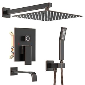 Oil Rubbed Bronze Shower System with High Pressure 12 Inch Rainfall Shower Head Handheld Shower head Shower Faucet Trim valve and Bathtub Faucet Bathroom Luxury Rain Mixer Shower Set