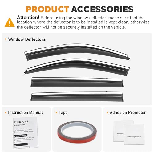Image of Shatterproof Taped-On Window Deflectors for Toyota Highlander 2014-2019 with Chrome Trim, Rain Guards, Window Visors for Cars, Vent Deflector, 4pcs