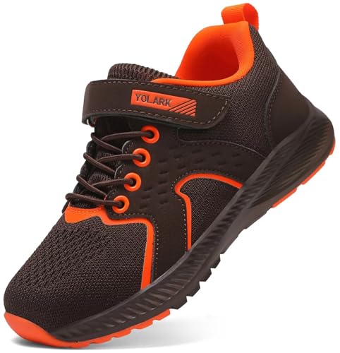 YOLARK Kids Sneakers for Boys Girls Running Tennis Shoes Non-Slip Hiking Walking Shoes Lightweight Breathable Sport Athletic?Brown Big 3?