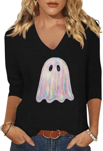 CGTPI Womens Halloween Funny Ghost Print V Neck Shirt,Black03,M
