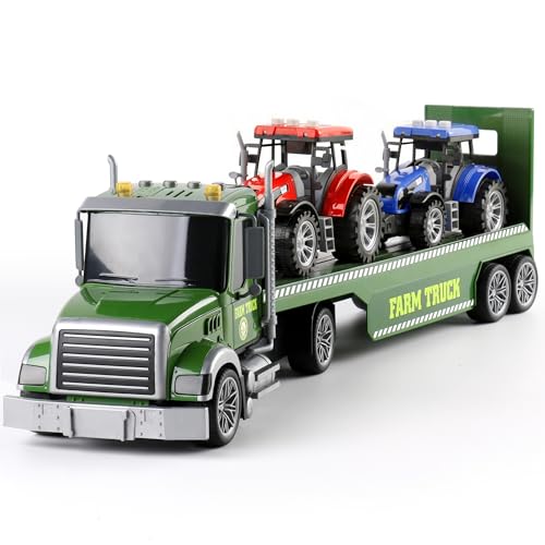 Dwi Dowellin Farm Vehicle Toys Set, 27" Large Friction Powered Semi Truck with 2 Tractors, Toy Cars for Kids 3 4 5 6 Years Old, Boys Girls Gift