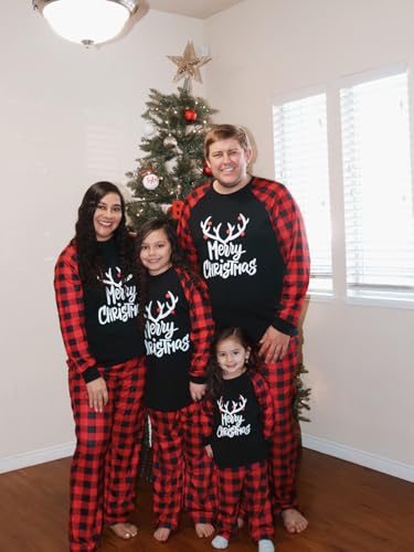 Image of IFFEI Matching Family Pajamas Sets Christmas PJ's with Letter and Plaid Printed Long Sleeve Tee and Bottom Loungewear