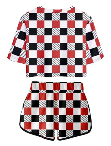 AMOMA Women's Plaid Argyle Crop Top T-Shirt and Shorts Tracksuit Two Pieces Sets Outfits2