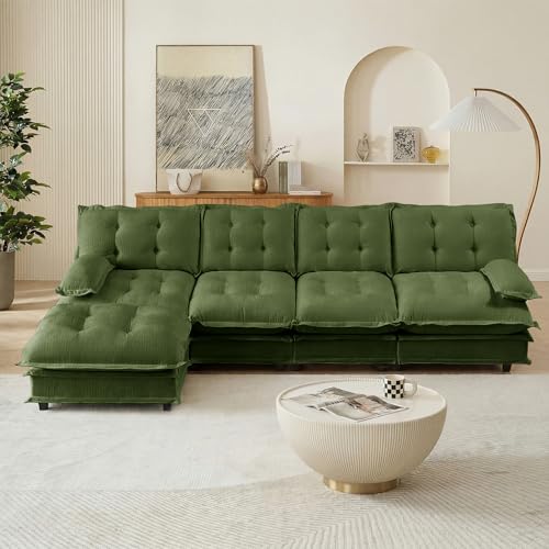 Image of 139 inch Sectional Sleeper Sofa with Ottoman, L Shaped Modular Deep Seat Couches for Living Room Apartment, Flexible Module Combination Cloud Sofa with Spring Support, Easy Assembly, Dark Green