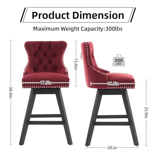 Butacos de terciopelo burdeos, giratorios, para isla de cocina | Altura del asiento: 26 pulgadas; respaldo acolchado; patas de madera maciza; remate con clavos decorativos; butacos modernos tapizados; fácil ensamblaje; juego de 2 miniatura 3