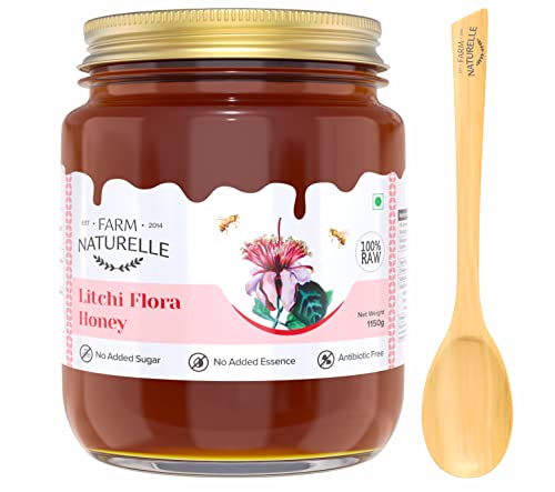 Image of Farm Naturelle Litchi Forest Honey 1150g | 100% Pure Raw & Unfiltered Honey in Glass Jar with Wooden Spoon