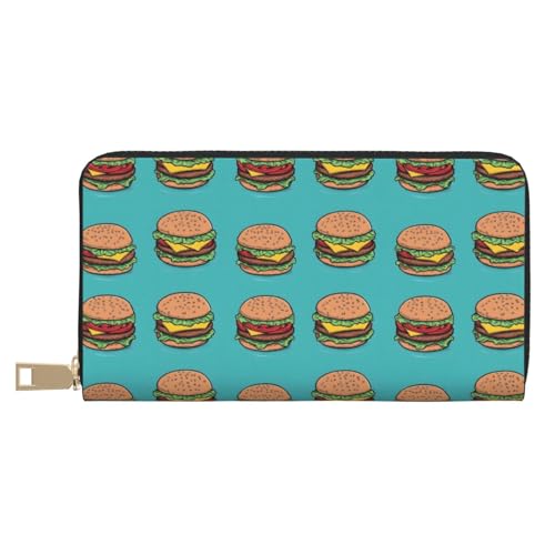 Leather Thin Slim Wallets for Women & Men - Cute Hamburger Green Print Card Wallet Holder with Zipper