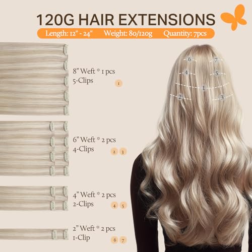 Image of DOORES Human Hair Extensions, Soft Honey Blonde Highlight Platinum Blonde 20 Inch 120g 7pcs, Clip in Hair Extensions Natural Thick Weft for Women Straight Weft Gift
