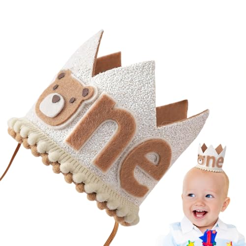 Corona con osito para el primer cumpleaños – Corona para fiestas de tela no tejida, accesorio fotográfico para niños, tocado de celebración con acabado de cuero artificial y diseño Morb