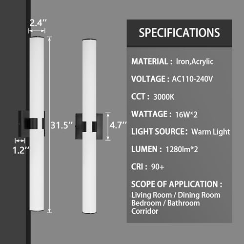 Image of HAIXIANG 2 Packs Black Wall Sconces, L 31.4 inch Dimming Wall Light 16W LED Vanity Lighting Fixtures Wall Light for Bathroom Dining Living Bedroom Hallway, 2700K Warm Light Horizontal /Vertical Mount