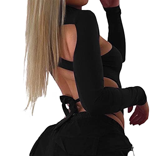 Women's Rave Outfits Long Sleeve Cutout Neon Bodysuit Mock Neck Mesh Shrug Crop Top for Festival Club Party4