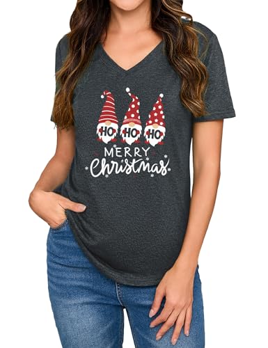 Image of Gyabnw Christmas Tshirts Women Xmas Tops Cute Lights Gnomes Santa Printed Graphic T Shirt Holiday Vacation Clothes