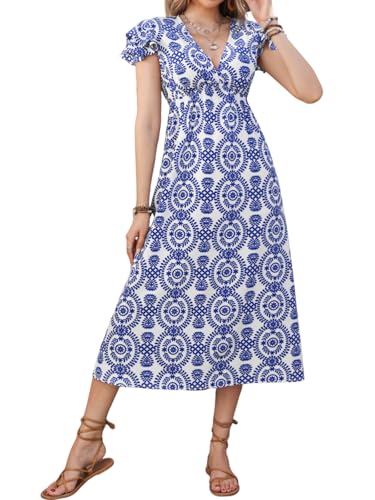 Image of CUPSHE Women's Ruffle Boho Maxi Dress V Neck Short Flared Sleeve High Waist Elastic Casual Summer Dresses