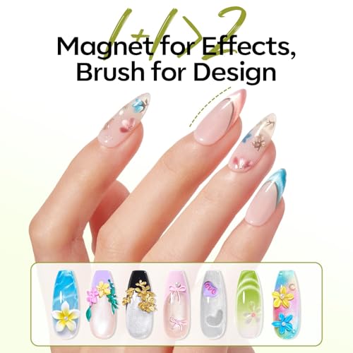 Image of modelones Cateye Gel Polish Nail Magnet Set, 6PCS Cat Eye Magnet Tool with Liner Nail Brush for Gel Swirl Nails Strong Magnetic Nail Art Wand, Glass Bead& French Tip for DIY Nail Lovers