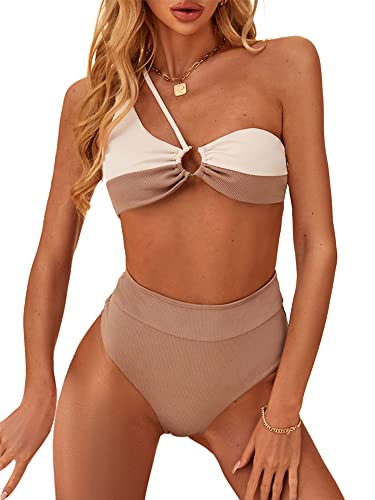 Zaful Women's One Shoulder Bikini Ribbed Two Tone Colorblock High Cut Swimwear (Light Coffee, M) #TOP27