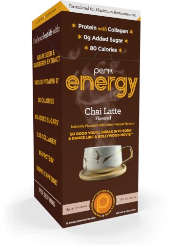 Image of Perk Energy Drink Mix (Chai Latte) 10 Stick Packs, Gluten-Free, Soy-Free | Caffeinated Healthy Coffee Alternative with Protein, 100mg of Caffeine, Peanut-Free