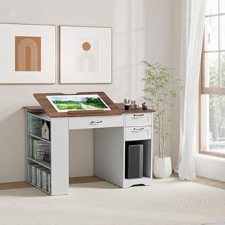 AeasyG Table de Dessin Ajustable Certifiée E1 – 60×120×76cm, 3 Tiroirs + 3 Étagères, Anti-pincement, Blanc pour Artisanat/Familial/Couture