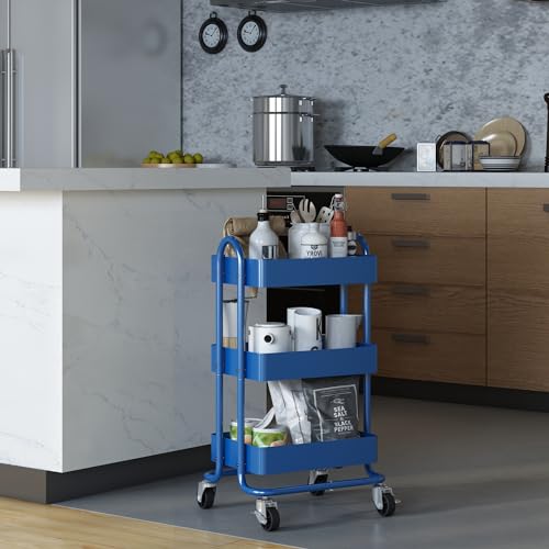 [en.casa] Carrello da Stoccaggio in Acciaio con 3 Contenitori Sovrapposti e Ruote Organizzatore Multiuso per Casa Ufficio Garage - Blu