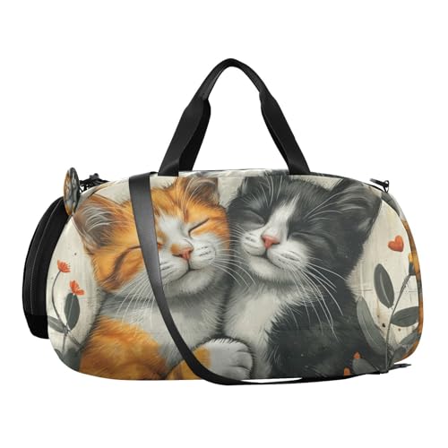 Duffle Bag for Boys or Girls with Shoes Compartment, Cats in Love Among Flowers Sports Travel Bag Overnight2