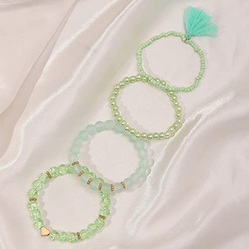 Pearl Beaded Crystal Herishi Disc Seed Tassel Bracelets Set Heart Colorful Matte Glass Ball Multicolor Faux Pearl Bead Multilayer Stackable Bangle For Women Girls Jewelry-C Green #TOP3