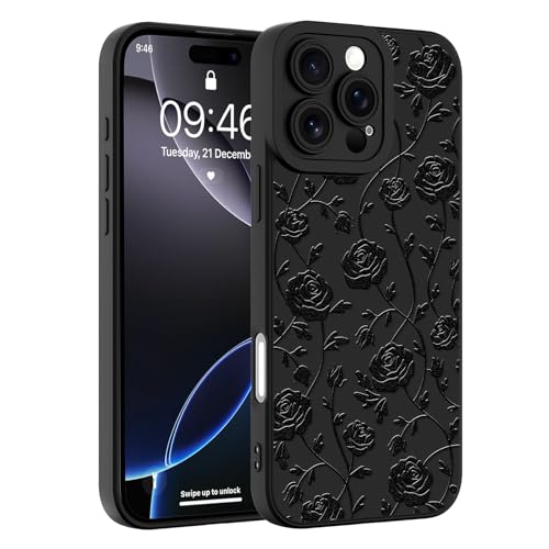 Image of Designed for iPhone 16 Pro Case, Cute Rose Flower Floral Pattern Design, Slim Soft TPU Liquid Silicone Protective Cover for Women Girls - Black