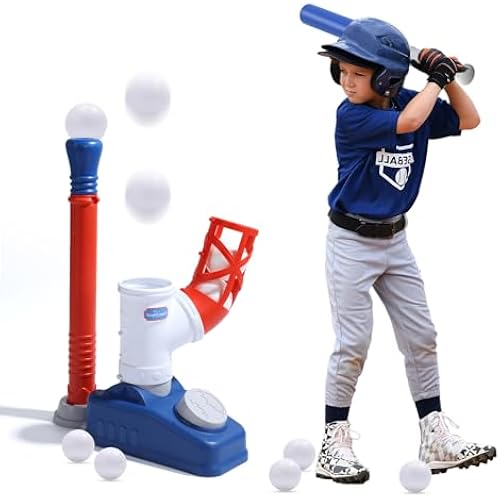 EagleStone 2-in-1 T-Ball Set for Kids 3-12 with Step-on Pitching Machine