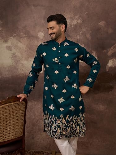 Image of Men's Calf Length Silk Blend Embroidered Solid Kurtas | Men | Kurtas for Mens | Straight Fit Kurta for Men's