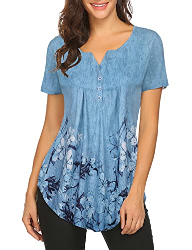 Halife Tops for Women Dressy Casual Plus Size Short Sleeve Henley Shirts V Neck Floral Blouses Blue 3x
