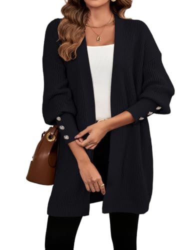 SunnyMelody Women's Chunky Knit Long Sleeve Cardigan, Black, M