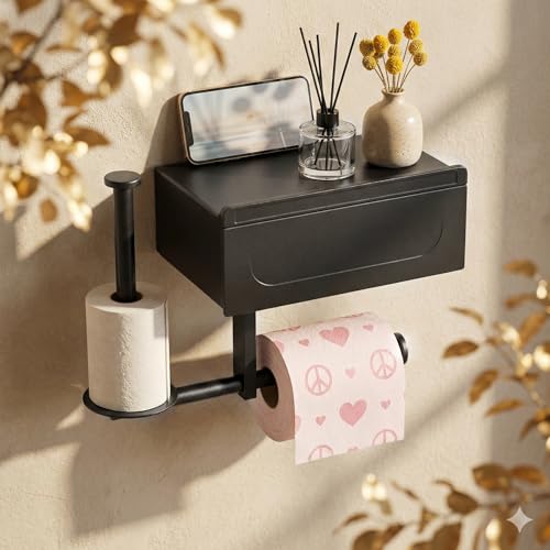 2-in-1 Toilettenpapierhalter Ohne Bohren Schwarz,Klopapierhalter mit Feuchttücherbox,Wc Papier Halterung Rollenhalter mit Kleber,Klorollenhalter mit Ablage für Badezimmer,Toilette