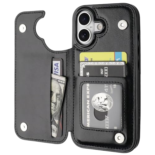 ONETOP Compatible with iPhone 17 Wallet Case with Card Holder, PU Leather Kickstand Card Slots Case, Double Magnetic Clasp and Durable Shockproof Cover 6.3 Inch (Black)