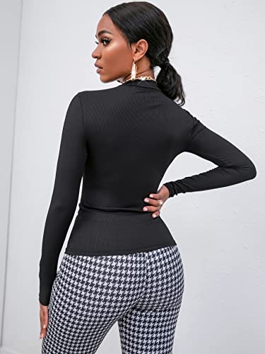 Milumia Women's Rhinestone Skeleton Rib Knit Tee Mock Neck Long Sleeve T Shirts Tops Black Medium #TOP1