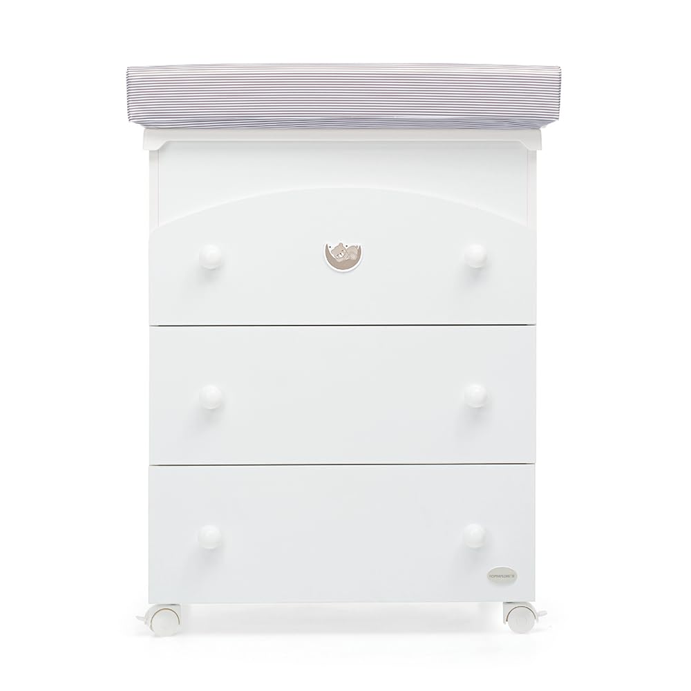 Foppapedretti Bagnetto Fasciatoio Mybear, Made in Italy, Legno di faggio, 3 cassetti, Vaschetta anatomica estraibile, 4 ruote 2 con freno, 94x78x56 cm, Bianco