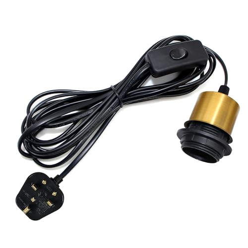 Image of Plug in Pendant Light Cord Fitting, 5M Light Cable with Switch and Plug, E27 Lamp Holder, Plug in Ceiling Light, DIY Creative Table Lamp Fitting, Hanging Light Kit for Various Lampshade, Gold
