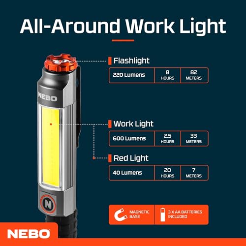 NEBO Big Larry 3 Work Light, 600 Lumen Flashlight with COB Work Light, Pocket Clip Magnetic Base for Hands-Free Lighting, Portable COB LED Dimmable Flashlight, Hazard Light-Red - Image 5
