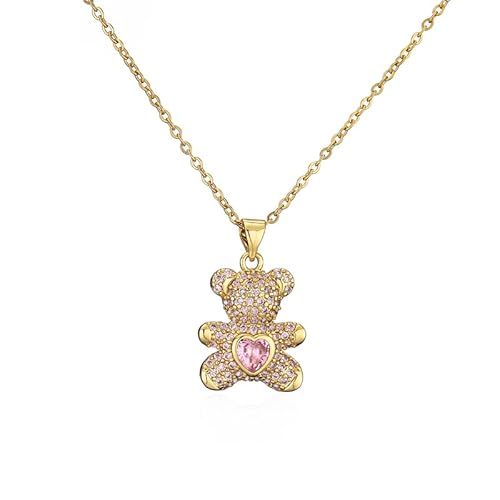 Gionatan Shop Collana orsetto con ciondolo pendente Strass brillanti e zircone a forma di cuore rosa per donna e ragazza regalo colore oro e catenina orso amore