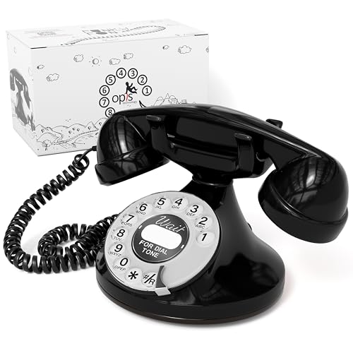 OPIS FunkyFon Cable: telefon w stylu retro z tarczą w łukowatym stylu lat 20., z elektronicznym dzwonkiem (czarny)