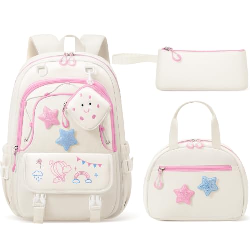 Fimibuke Kids Backpacks for Girls, 4 PCS Cute Bookbag Set for School Beige
