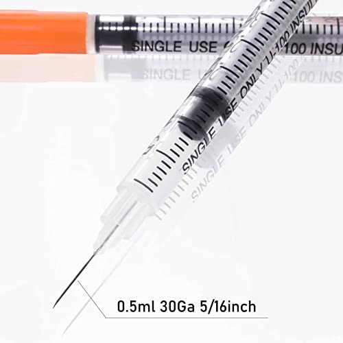 Image of U-100 0.5cc 30g 5 /16 inch (8mm) Syringe with Needle, Individually Wrapped, Pack of 20