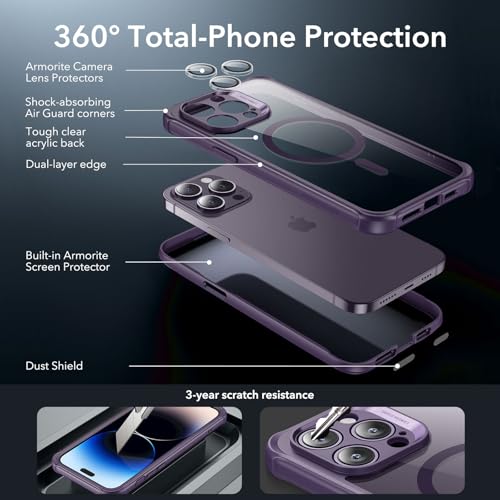 Image of ESR for iPhone 14 Pro Max Case, Compatible with MagSafe, Full-Body Military-Grade Drop Proof Case with Built-in 9H+ Tempered Glass Screen Protector, Armor Series, Clear Purple