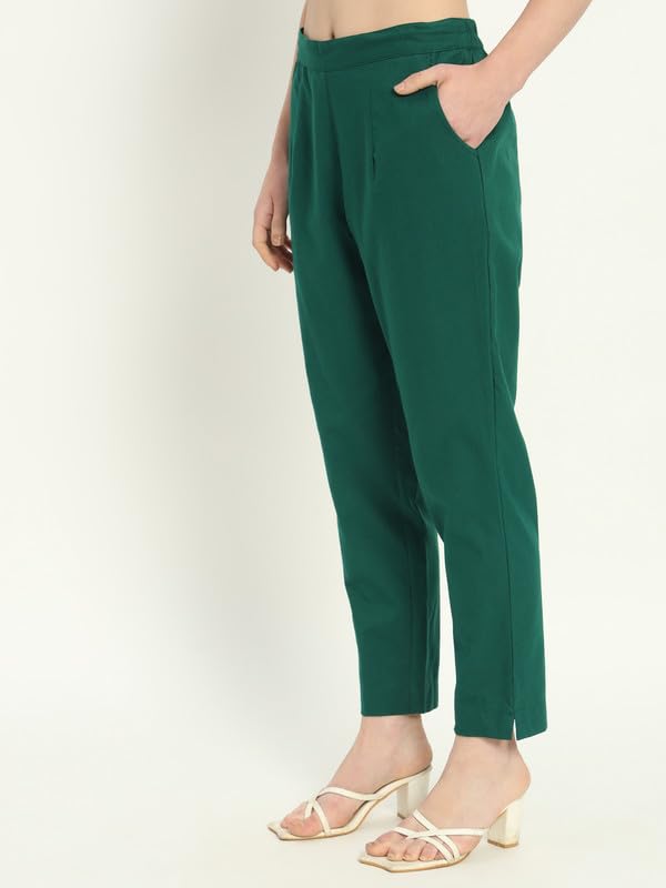 Image of Women's Solid Straight Fit 100% Cotton Trousers | High Waist, Side Pockets, Ankle Length Pants for Office, Casual