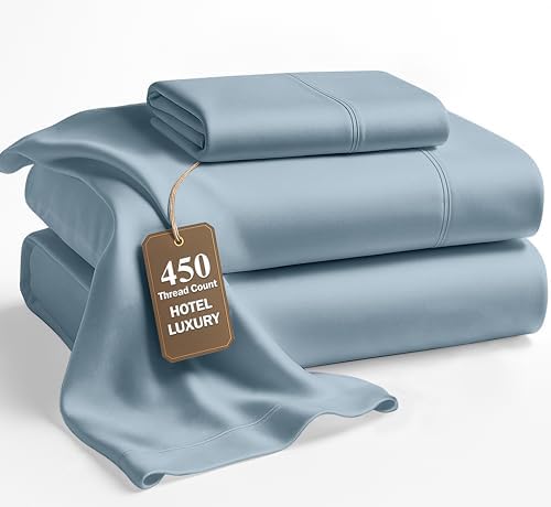 LANE LINEN Twin Extra Long Sheets – 450 Thread Count Cooling Cotton Sheets, Soft & Comfy Sateen Weave, 15” Deep Pocket Fully Elasticized Fitted Sheet, Hotel Sheet & Pillowcase Set, French Blue