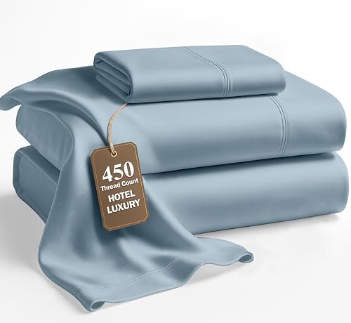 Image of LANE LINEN 100% Cotton Sheets Set Twin XL Size - 450 Thread Count Premium Sateen Weave for Silky Smooth Feel - Very Breathable Cooling Sheets Set for Single Beds - Oeko Tex Certified - French Blue