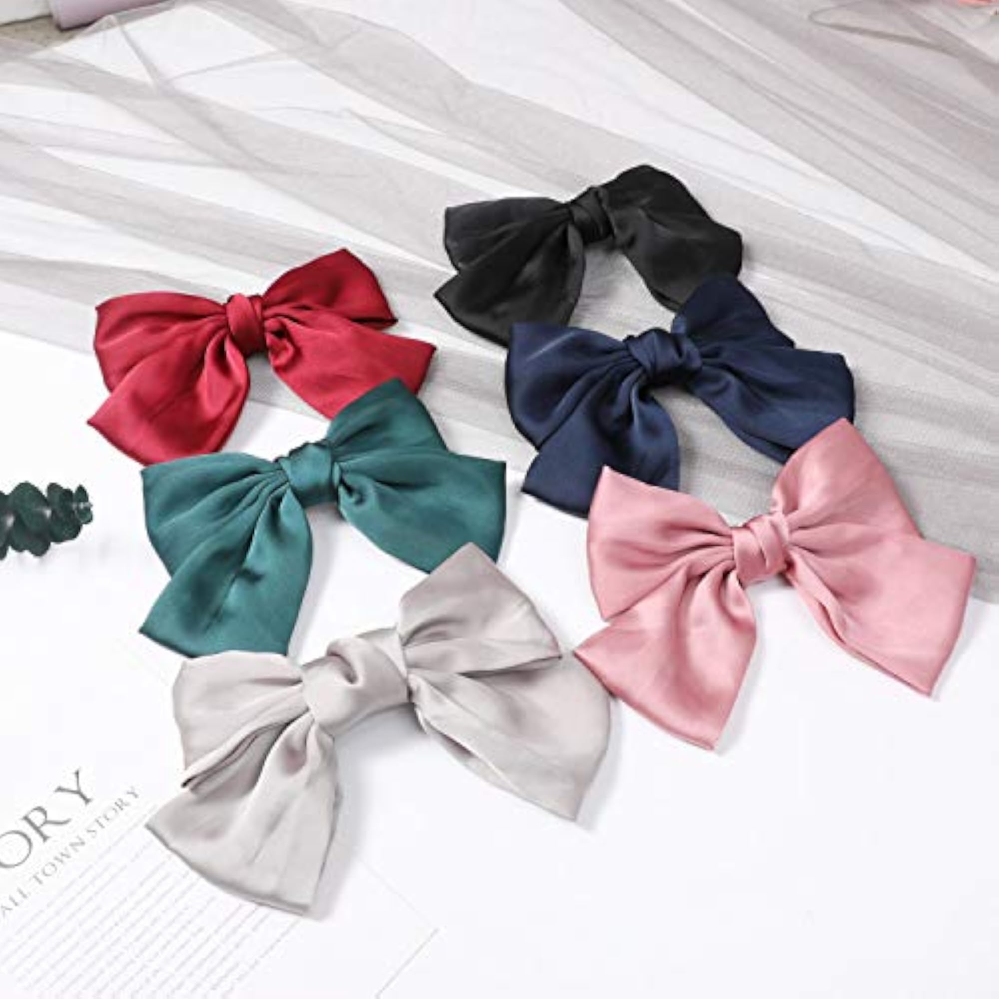 Set Of 6 Large Satin Silk Hair Bow Clips