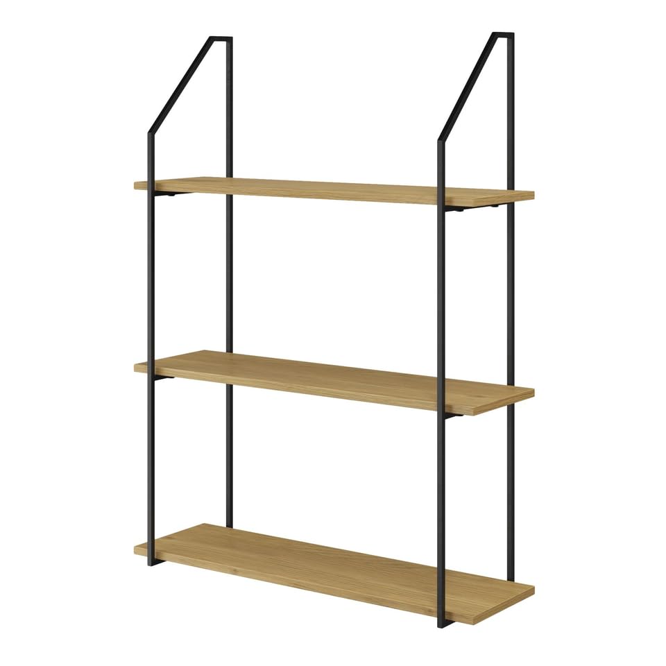 URBNLIVING Modern Geometric Wall-Mounted Shelf, Industrial Steel Frame Storage – Wild Oak, 60×20×80 cm