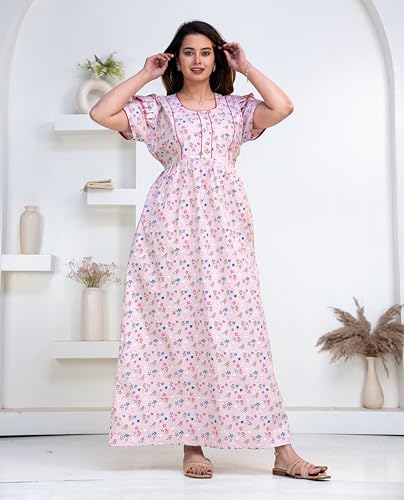 Image of Pure Cotton Designer Nighty for Women | Night Gown | Nightdress | Maxi Nighty | Sleepwear | Jaipuri Nighty | Nighties | Cotton Night Gown for Women /Girls with Belt Pink